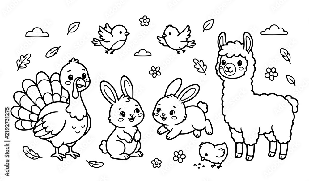 Fototapeta premium Cute Farm Animals Coloring Page With Turkey Bunny Llama and Birds