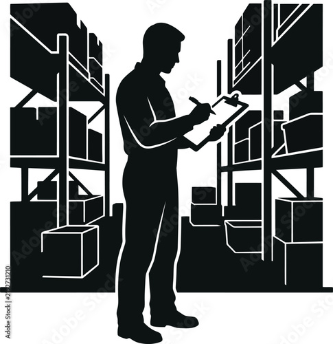 Warehouse worker checking inventory on clipboard, surrounded by shelves full of boxes, logistician in storage facility.