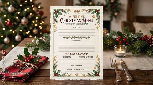 Christmas menu card with festive holly and red plaid napkin