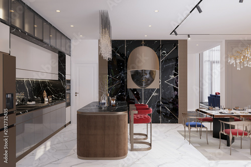 Luxury Modern Kitchen and Dining Area with Marble Accents and Contemporary Art