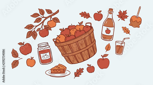 Autumn apple harvest set bushel basket fresh apples cider bottle jam and pie slice