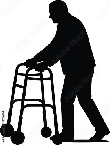 Silhouette of an elderly person using a walker with wheels against a transparent checkered background.