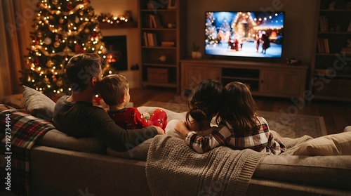 family watching christmas movie together on couch
