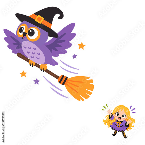 Cute Owl Flying Away with a Witch Broomstick on Halloween