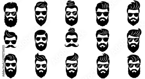 Foto Collection of male face silhouettes with various hairstyles and sunglasses on wh