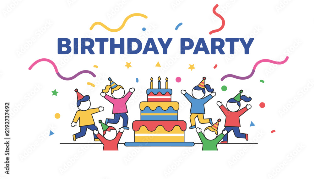 Fototapeta premium Joyful kids celebrating birthday party dancing and laughing around giant colorful birthday cake with lit candles.