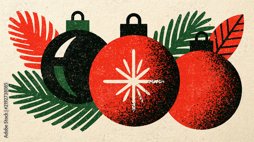 Mid-century modern Christmas ornaments with foliage, textured holiday illustration