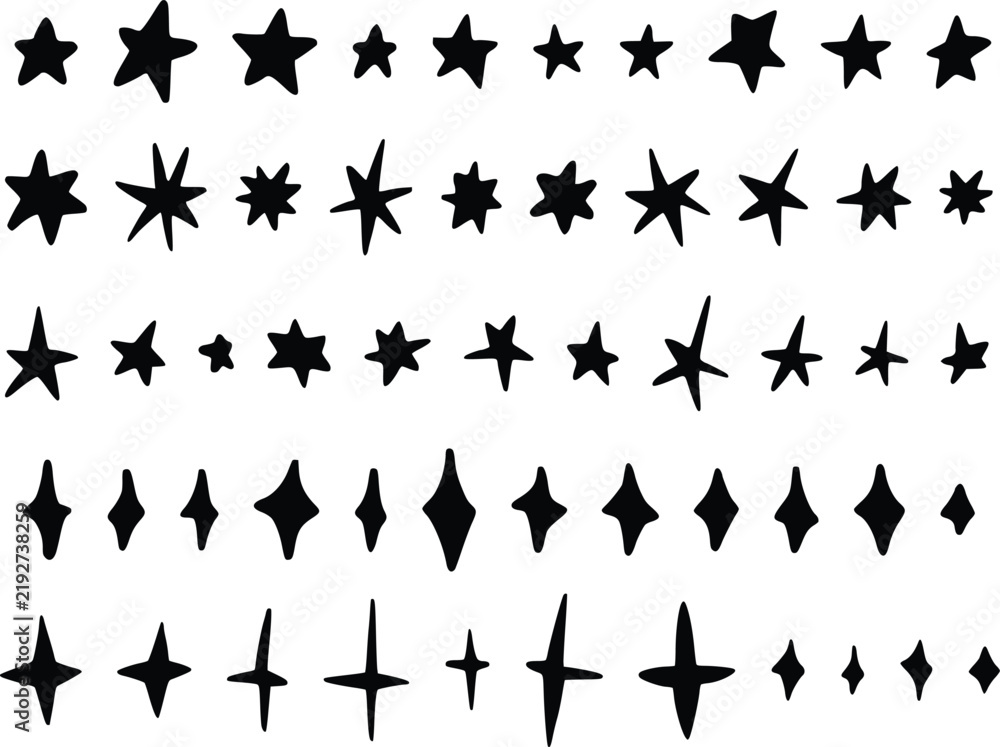 Fototapeta premium Hand Drawn Star Silhouettes Collection, Black Doodle Sparkles and Starburst Vector Set, Celestial Sparkle Icons for Graphic Design Decorative Accents