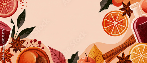 Mulled wine ingredients vector frame with orange and spices, copy space background