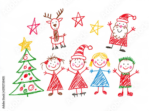 Cute kids Christmas drawing with Santa Claus, reindeer and tree in crayon doodle style