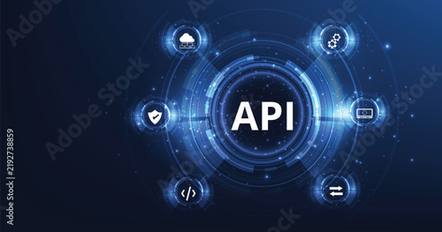 Application Programming Interface (API) concept. Software development tool, information technology, modern technology, internet and networking concept on dark blue background.