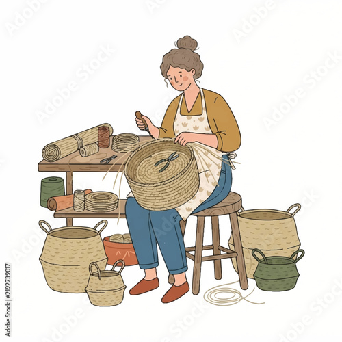 Artisan Woman Weaving Traditional Handmade Baskets from Natural Materials in Her Workshop
