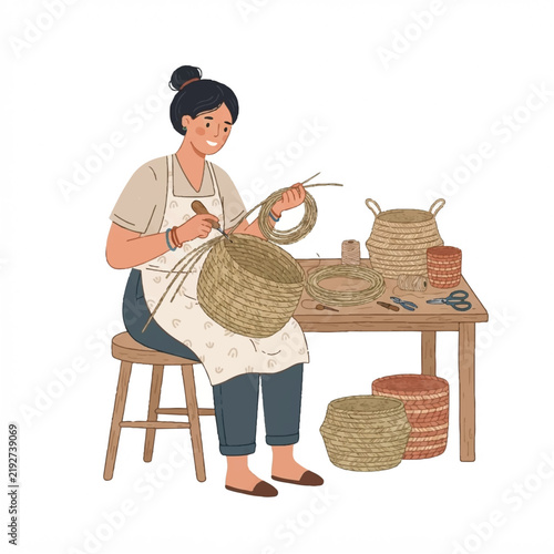Illustrated Artisan Woman Weaving Wicker Baskets by Hand on Wooden Table