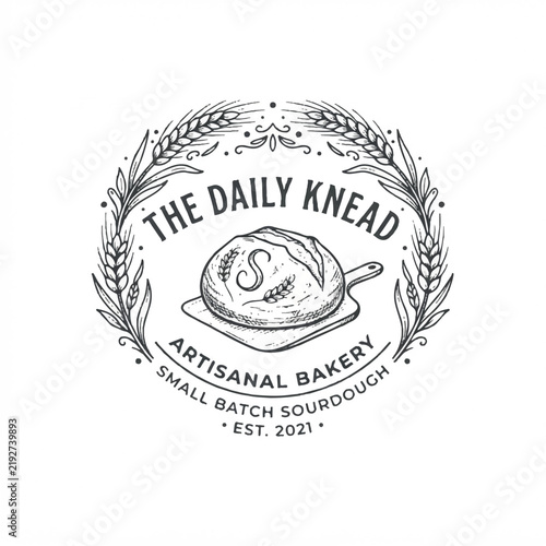 Vintage circular bakery logo design featuring a hand-drawn bread loaf surrounded by a decorative wheat wreath badge emblem