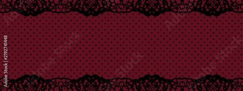 Black chantilly lace scallop frame. Antique border with pattern edge. Decorative wedding brush runner with wavy trim. Mat simple wave with ruffle and heart. Crochet boarder doily on red background