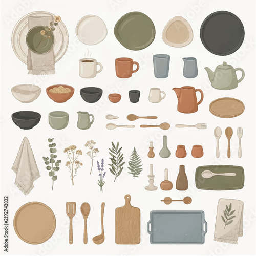 Aesthetic collection of modern farmhouse kitchen and dining essentials, featuring versatile tableware, serveware, and charming home decor items for daily use
