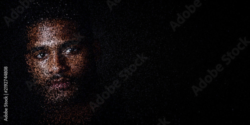 Digital ID Portrait of Man with Face made up of Numbers and Symbols. Verifiable credential Concept with copy-space.
