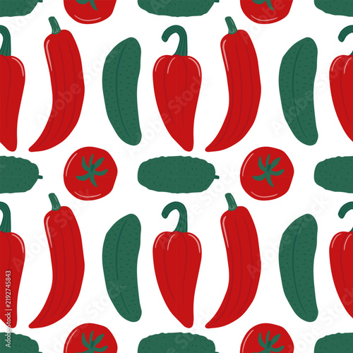 Pepper Tomato Cucumber Seamless Pattern. Seamless pattern with red peppers, tomatoes and green cucumbers arranged in repeating hand drawn vector composition