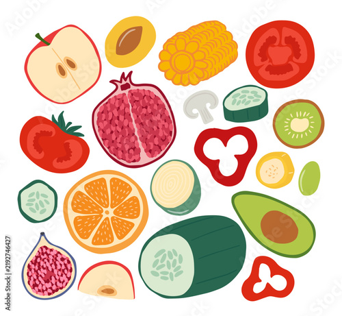 Set with sliced fruits and vegetables. Collection of sliced fruits and vegetables in colorful flat vector style, featuring apple, apricot, corn, tomato, pomegranate, kiwi