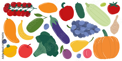 Set of fruits and vegetables in flat style. Assorted fruits and vegetables featuring tomatoes, pumpkin, broccoli, eggplant, grapes, banana, mango, pepper, cucumber and onion