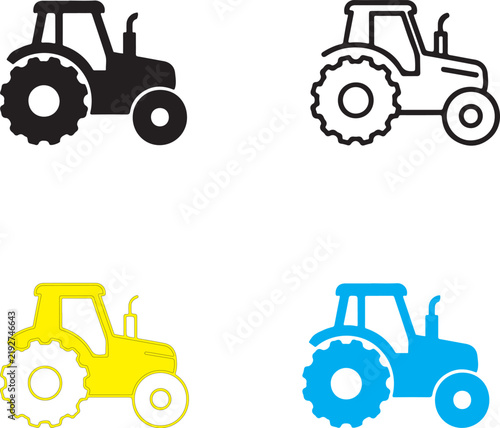agricultural tractor icon set in black white yellow and blue, farm machinery vector illustrations