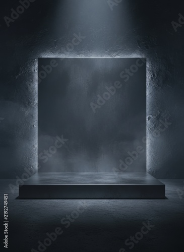 Dark industrial stage with rectangular podium and backlight mist backdrop