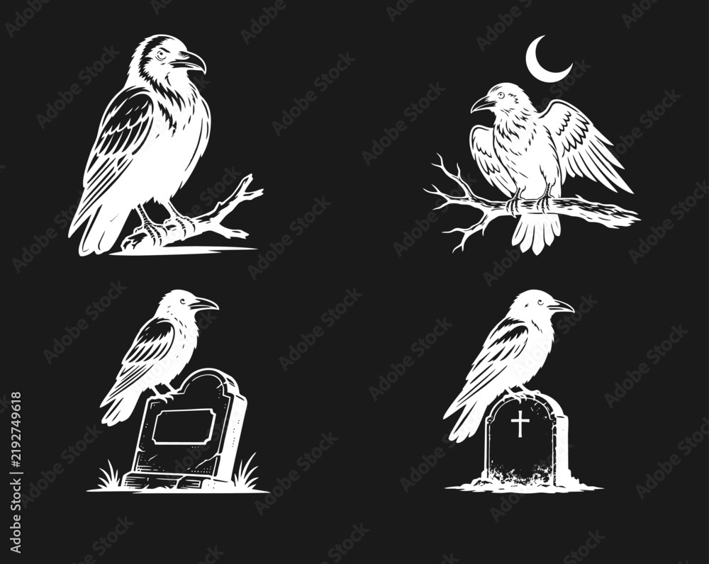 Fototapeta premium Vintage Raven and Crow Illustrations Set: Birds Perched on Tree Branches and Gravestones with Moon, Gothic Design Elements