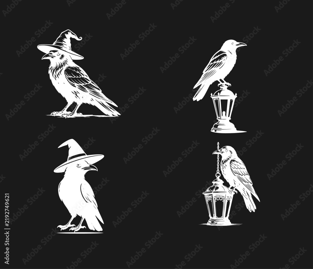 Fototapeta premium Halloween Ravens and Crows Set with Wizard Hats and Vintage Lanterns. Spooky Monochrome Vector Illustrations for Gothic, Magic, and Witchcraft Designs.