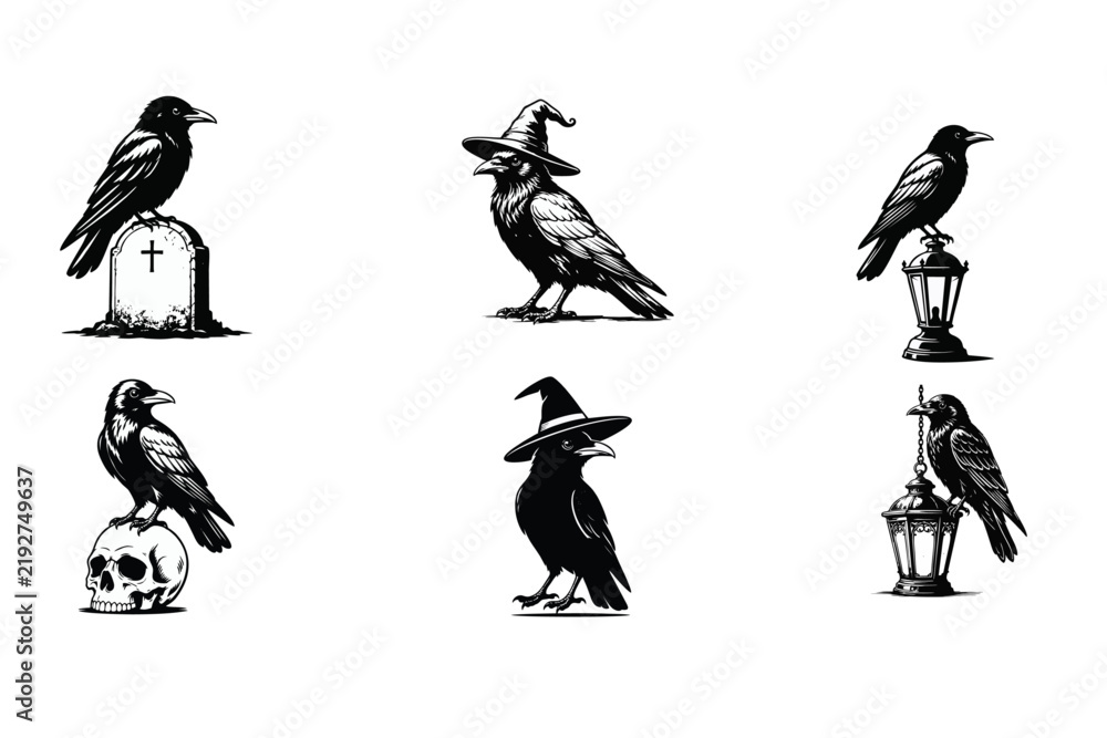 Fototapeta premium Raven and Crow Vector Illustrations Set with Gothic, Halloween, and Witchcraft Themes including Tombstone, Skull, Lantern, and Witch Hat Designs