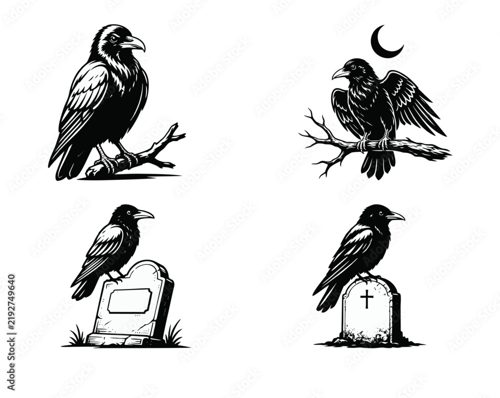 Fototapeta premium Raven and Crow Vector Illustrations Set. Black and White Gothic Birds Perched on Branches and Gravestones for Halloween Designs.