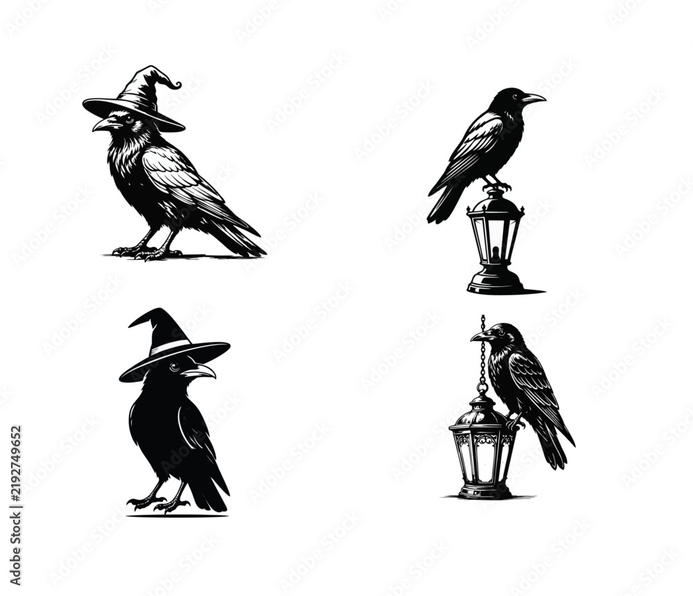 Obraz premium Black and white raven illustrations featuring witch hats, perched on lanterns and street lamps.