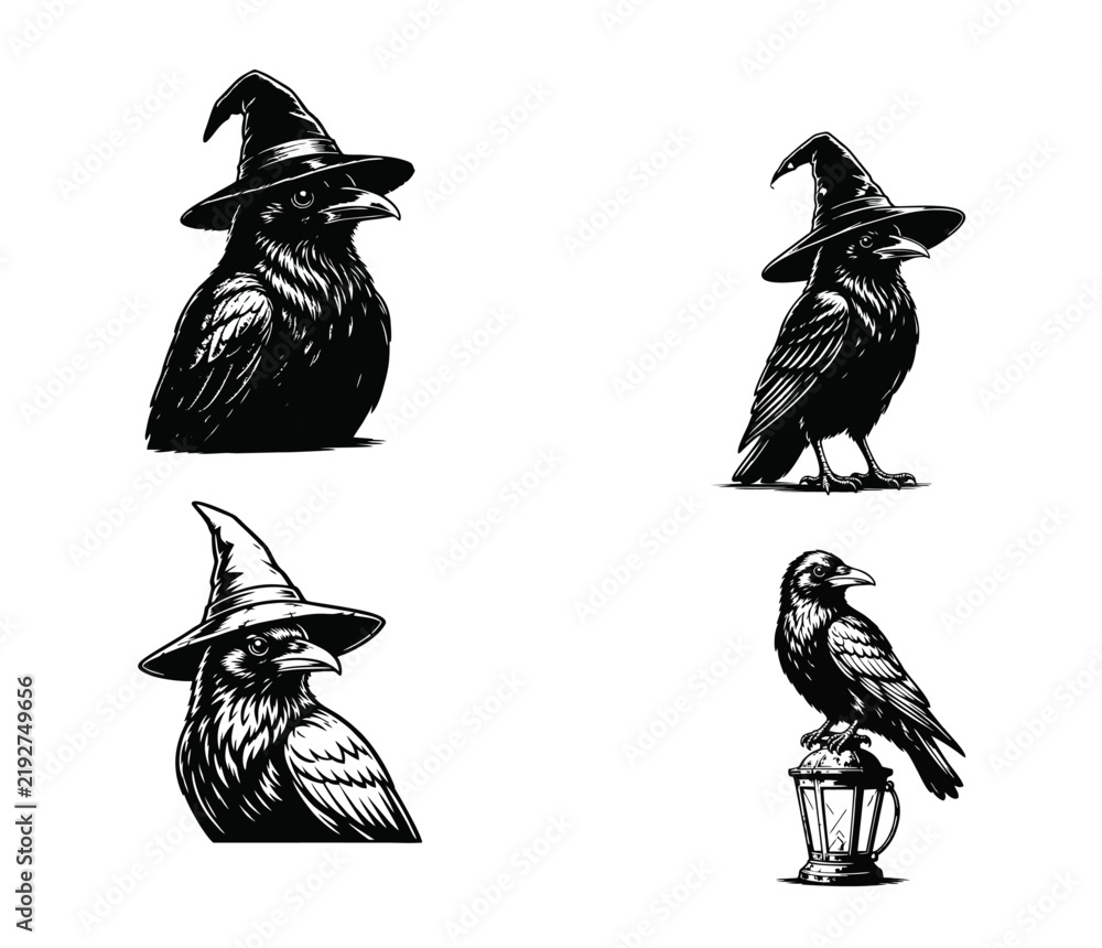 Obraz premium Black and white illustrations of ravens and crows, some wearing witch hats, with one perched on a vintage lantern, in a Halloween-themed woodcut style.