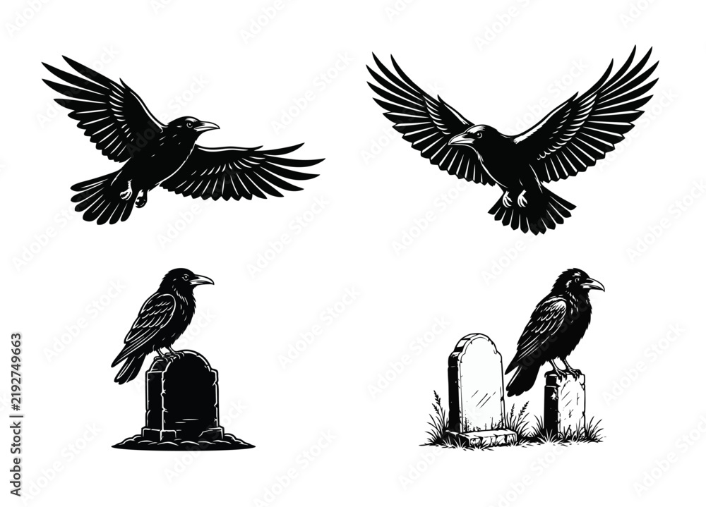 Obraz premium Raven Birds Flying and Perched on Gravestones Vector Set. Black Crow Silhouette Illustrations for Halloween, Gothic, and Cemetery Themes.