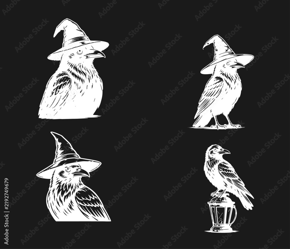 Obraz premium Mystical Ravens in Witch Hats and a Crow on a Lantern, Vintage Halloween Illustrations Set