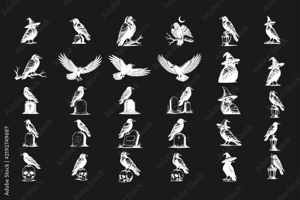 Obraz premium Gothic Raven and Crow Vector Illustrations Set with Skulls, Gravestones, and Witch Hats for Halloween Designs