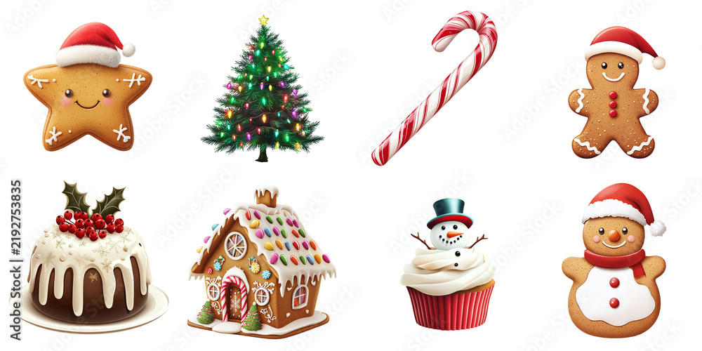 Fototapeta premium Watercolor New Year's set of various sweets, isolated on a transparent background PNG
