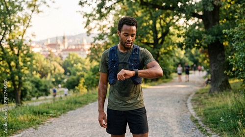 African American man checking smartwatch during outdoor trail run in park.