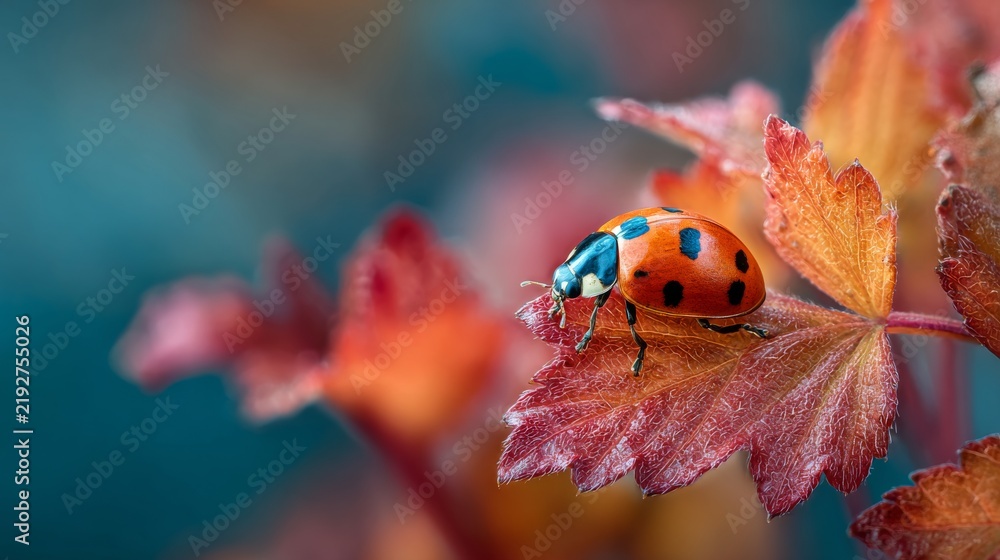 Obraz premium Vibrant ladybug resting on an autumn leaf surrounded by warm red, orange, and golden fall colors in a peaceful natural outdoor setting