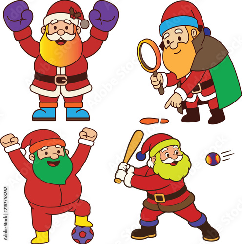 Santa Claus engaging in sports and detective work, a fun holiday activity collection
