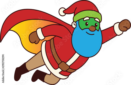 Flying superhero Santa Claus with a cape and mask, delivering joy