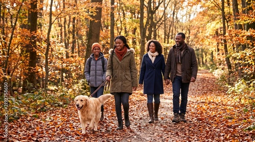 Happy diverse family walking with golden retriever dog in autumn forest.