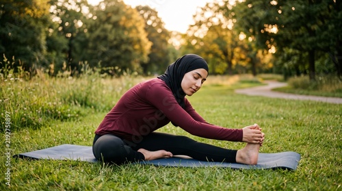 Young Muslim woman in hijab practicing yoga stretching on mat in park.