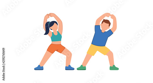 Bild auf Leinwand Two people stretching during exercise a flat vector illustration on a white back