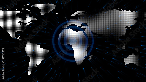 Dotted World Map with Africa Highlighted and Radial Blue Light Streaks global earth