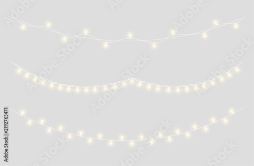 Golden holiday strings feature luminous bulbs with realistic reflections. Multiple hanging arrangements provide versatile decorative options. Transparent PNG illustrations for design.

