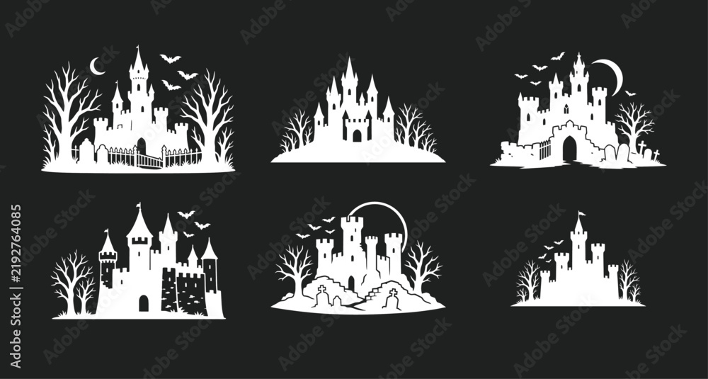 Fototapeta premium Halloween Castle Silhouettes Vector Set with Spooky Haunted Houses, Bats, Bare Trees, Moon, and Graveyard Elements