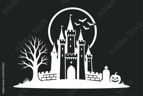 Spooky Halloween Castle Silhouette with Full Moon, Bats, Bare Tree, and Jack-o'-lantern