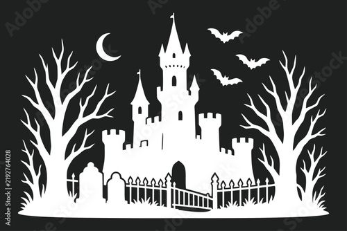 Halloween haunted castle silhouette vector illustration with bats, moon, bare trees, and graveyard.