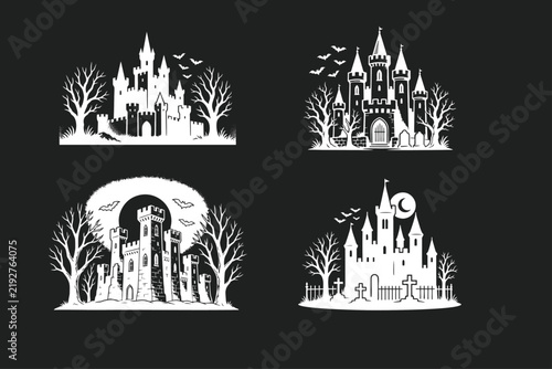 Collection of Spooky Halloween Castle Silhouette Vector Illustrations