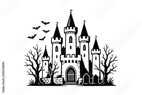 Spooky Haunted Castle Silhouette with Flying Bats and Bare Trees for Halloween